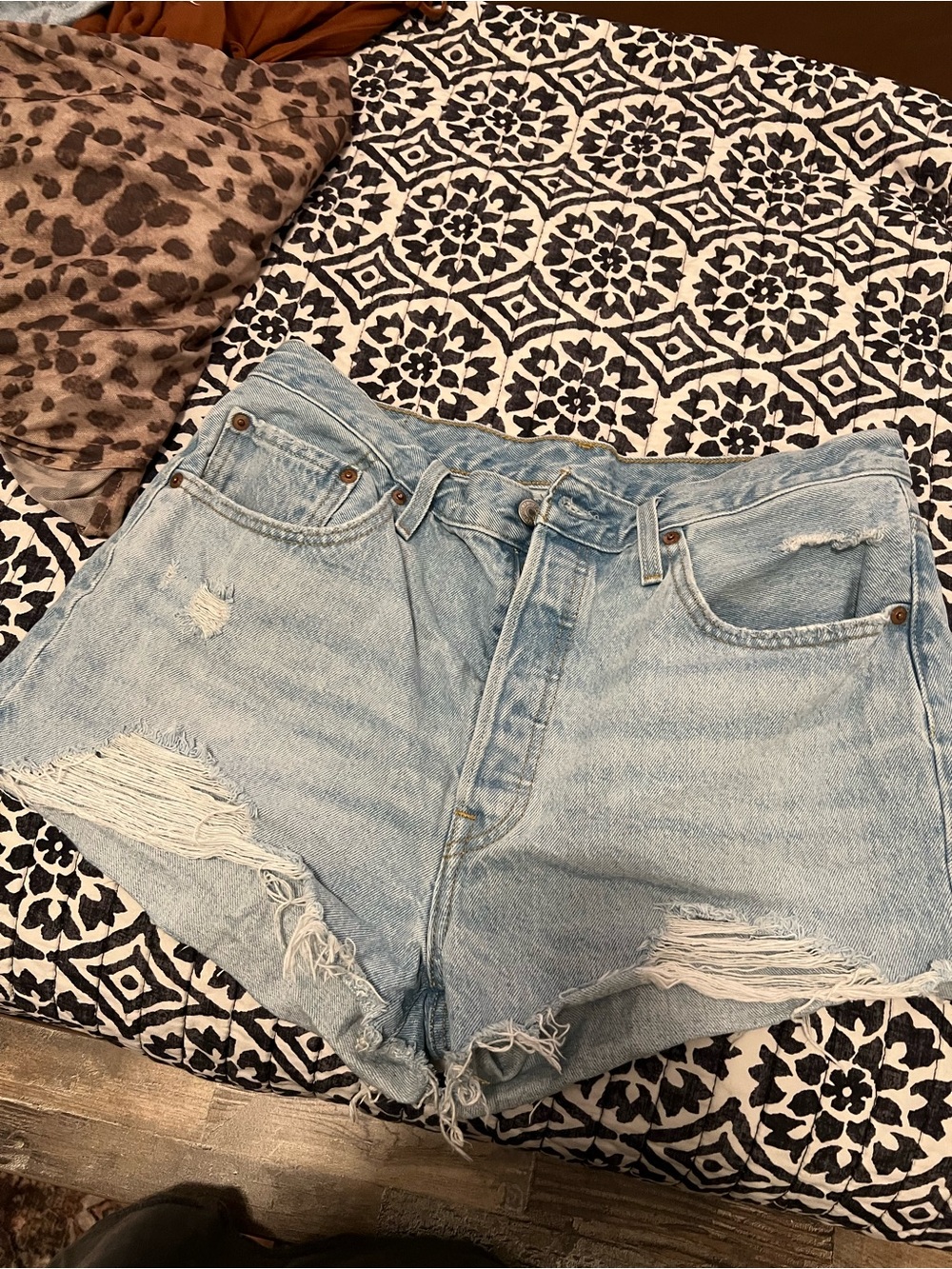 Levi's Light Blue High-Waist Distressed Denim Shorts
